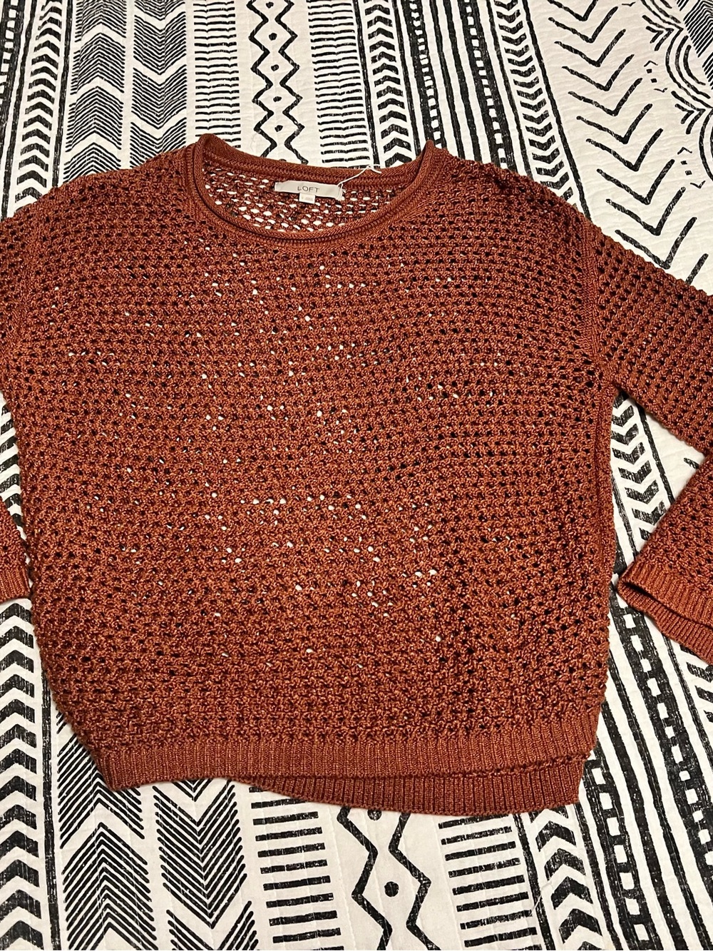 LOFT Rust Open-Knit Crewneck Sweater